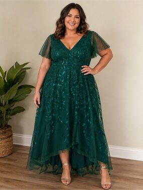 New Ever-Pretty Emerald Green Sequin Leaf Embroidered High Low Maxi Dress 18